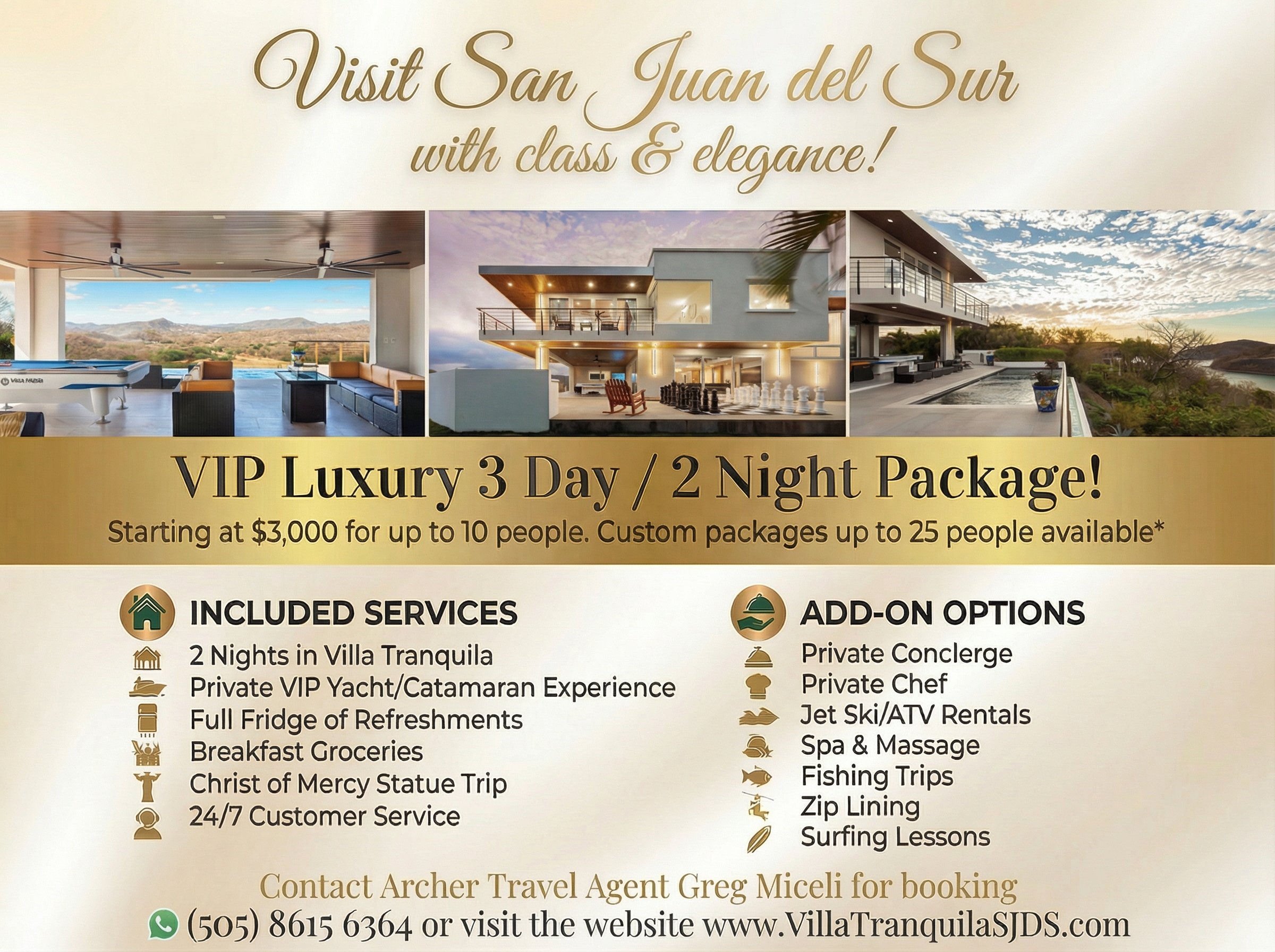 Villa Tranquila VIP All-Inclusive Luxury 3 Day 2 Night Package - Starting at $3,000 for up to 10 people - All Inclusive Vacation Rental San Juan del Sur Nicaragua - Private Yacht, Chef, Concierge